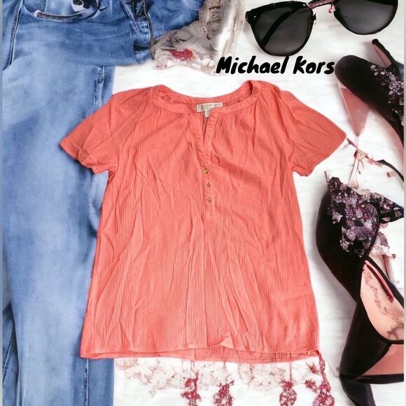 MICHAEL KORS CORAL SHORT SLEEVE TOP BLOUSE CRINKLE SIZE MEDIUM - Picture 1 of 8